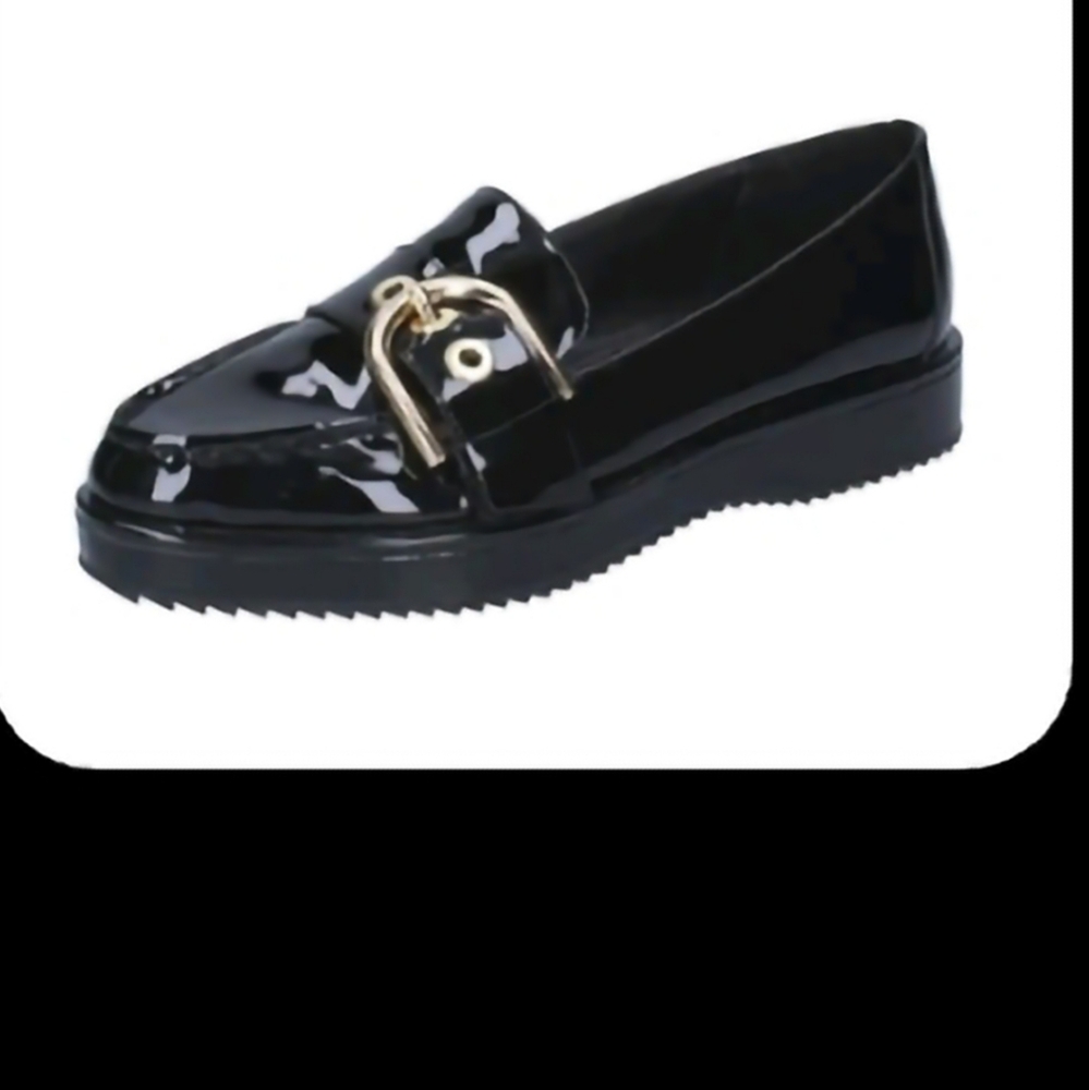 Michael Kors Black Patent Loafers with Gold Buckle.